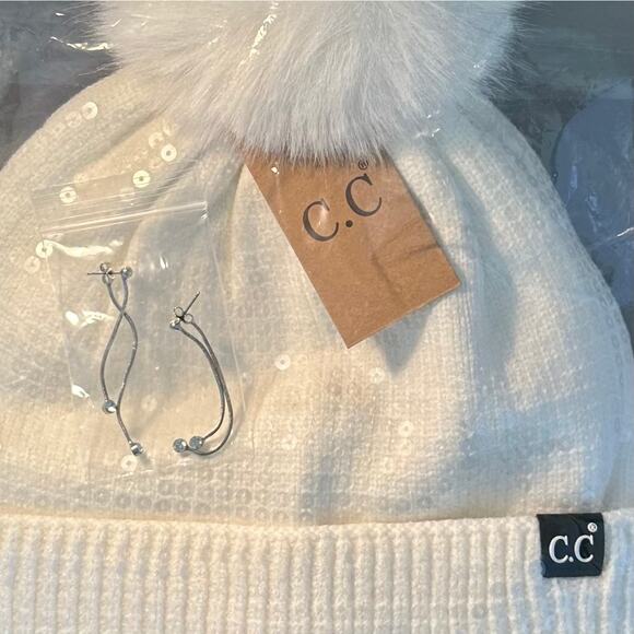 C.C Women’s White Sequin Pom Pom Knit Beanie & Silver Cubic Zirconia Earrings - Picture 5 of 16